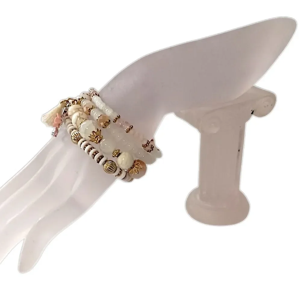 Glass Beaded Stacked Bracelet Rows Beads‎ Floral Neutrals Y2K Boho Fairy Indie